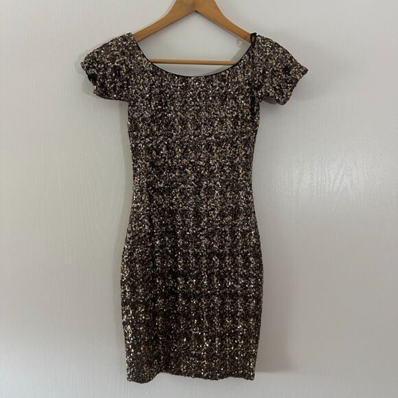 Dress The Population Gold Sequin Sheath Short Sleeve Mini‎ Dress Size XS - Picture 2 of 8